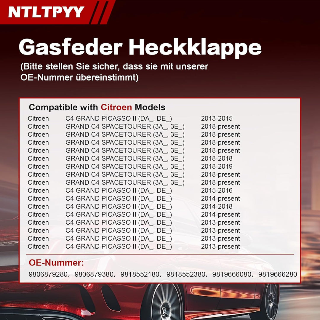 2pcs Gasdruckfeder kompatibel mit 2013-present Citroen C4 Grand Picasso II & Spacetourer, Exakte 630