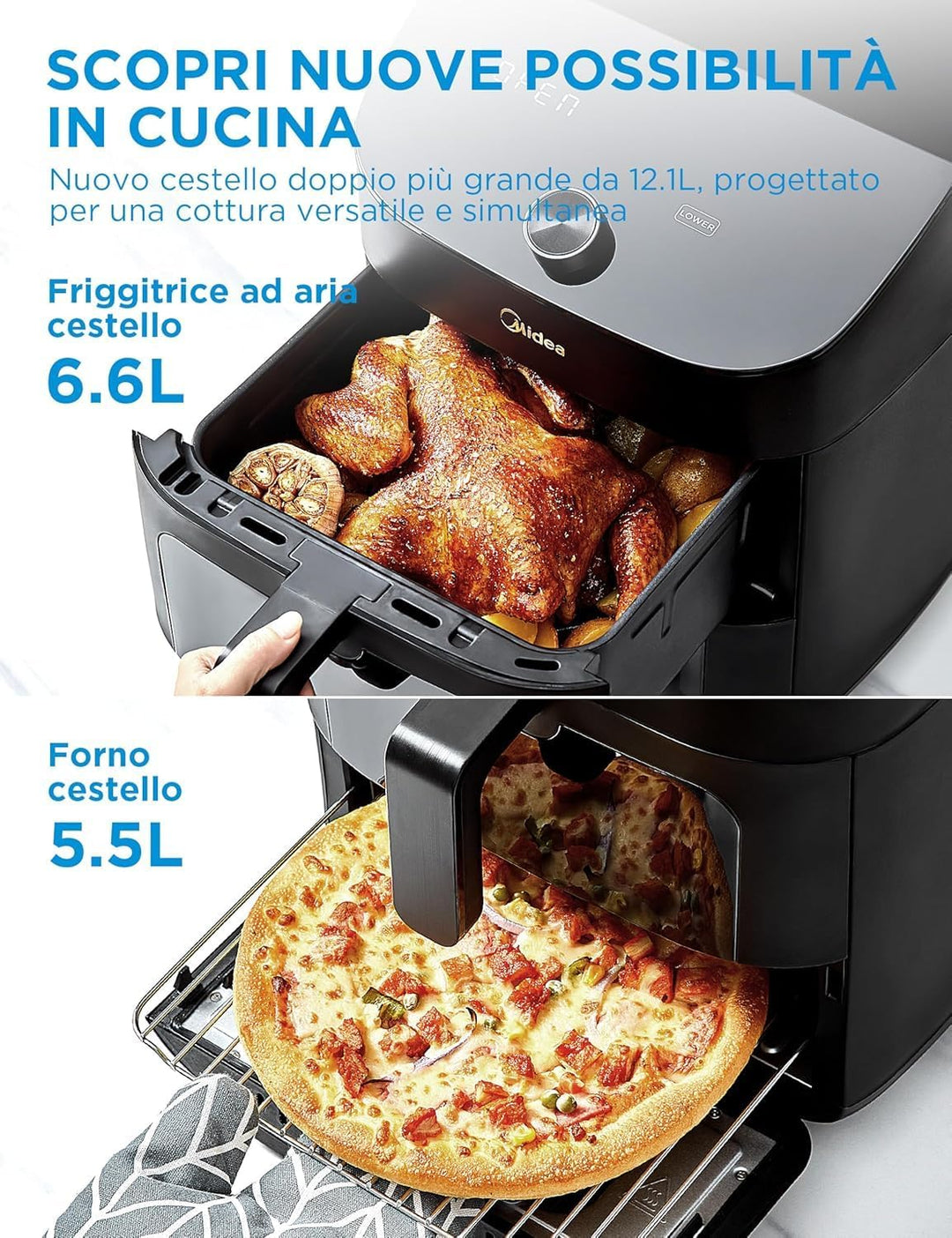 Midea Vertikale Luftfritteuse Doppelzone, 10 in 1, 11 l, 2400 W | 2 Schubladen 5 l &amp; 6 l, antihaftbe