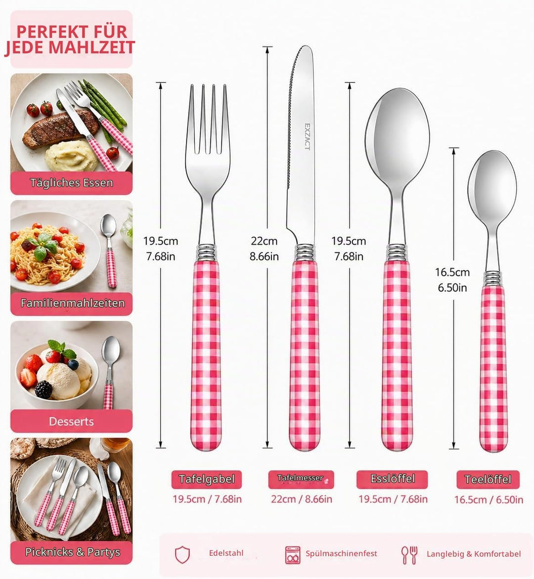 EXZACT Color Edelstahl-Besteck Set 24 Stück - 6 x Tafelgabeln, 6 x Tafelmesser, 6 x Abendessen Löffe
