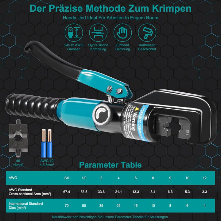 Hydraulische Crimpzange 4-70mm²,9 Crimpformen für Kupfer- &amp; Alu-Kabelschuhe | Einfach zu Bedienen, E