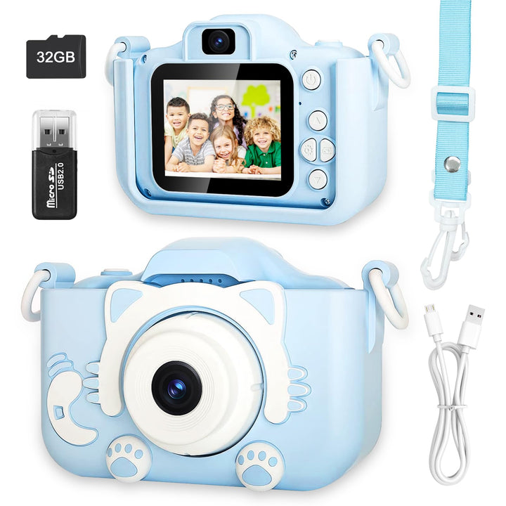 Kinderkamera für Mädchen Jungen, 3-12 Jahre, 2.0”Display Digitalkamera, Doppelobjektiv, 32GB SD-Kart
