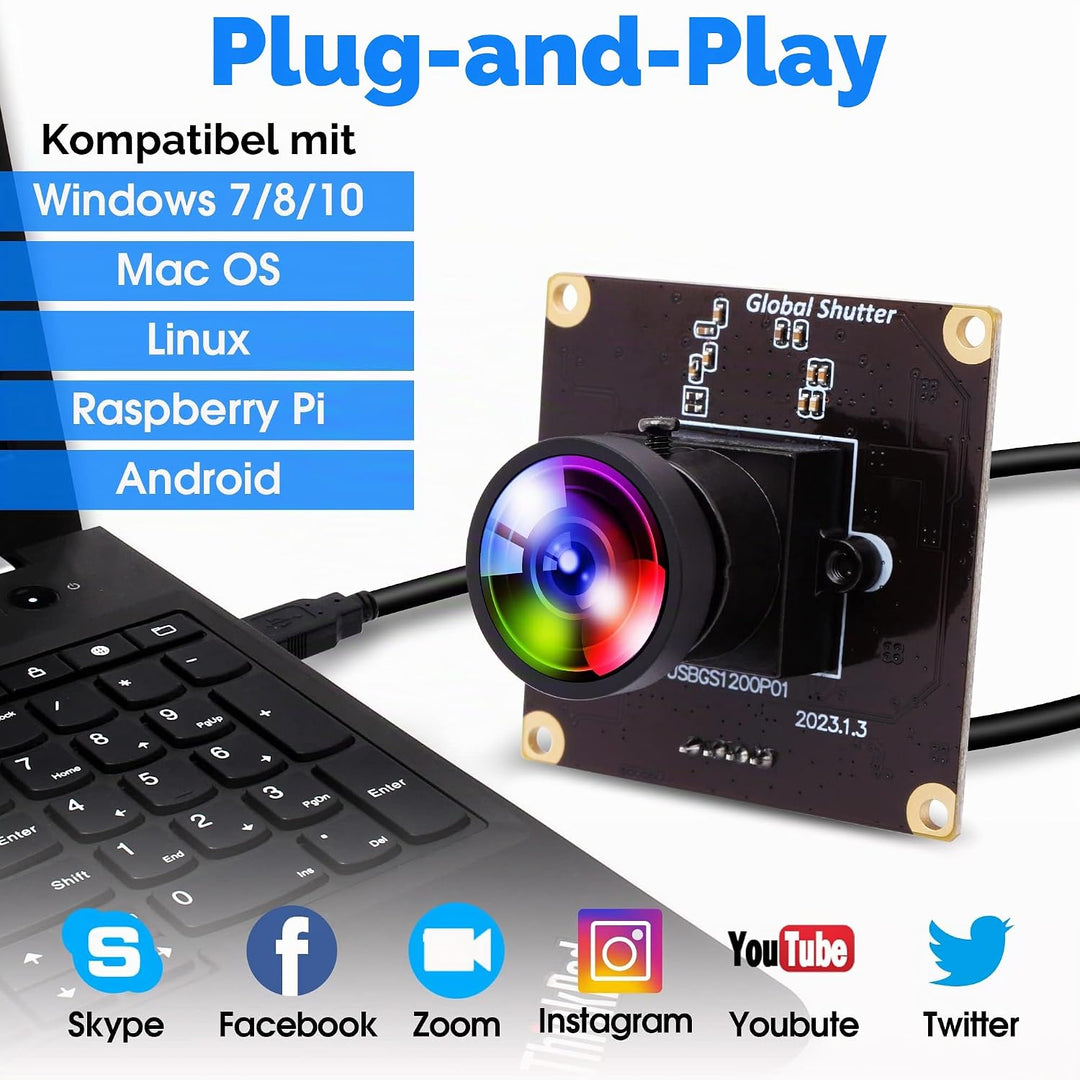 ELP USB Kameramodul High Speed 90fps Global Shutter USB Kamera, 2MP 1200P USB Webcam mit Weitwinkelo