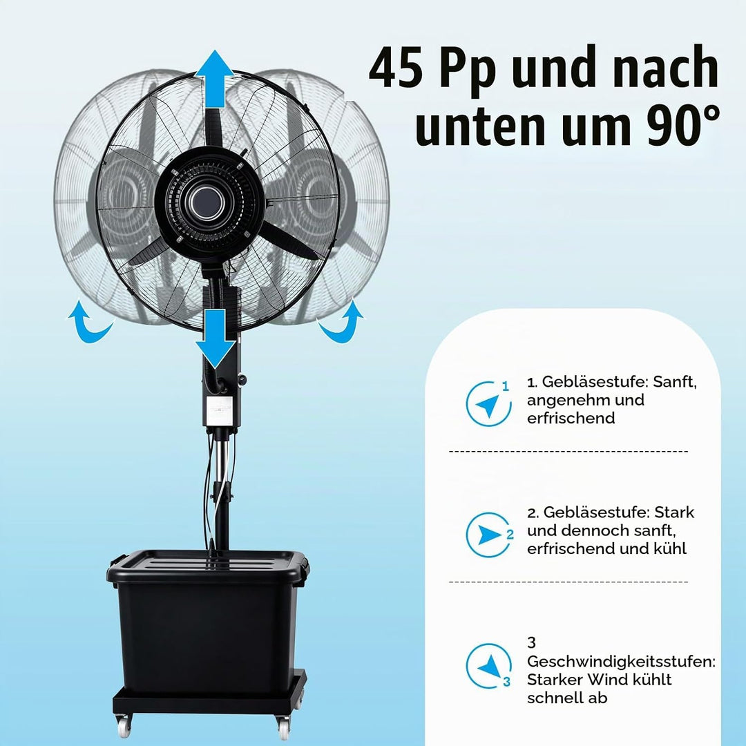 Ventilator für innen und aussen mit Sprühsystem, Schwarz tragbarer Sprühtank, 20 m~50m, Stand- &amp; Tis