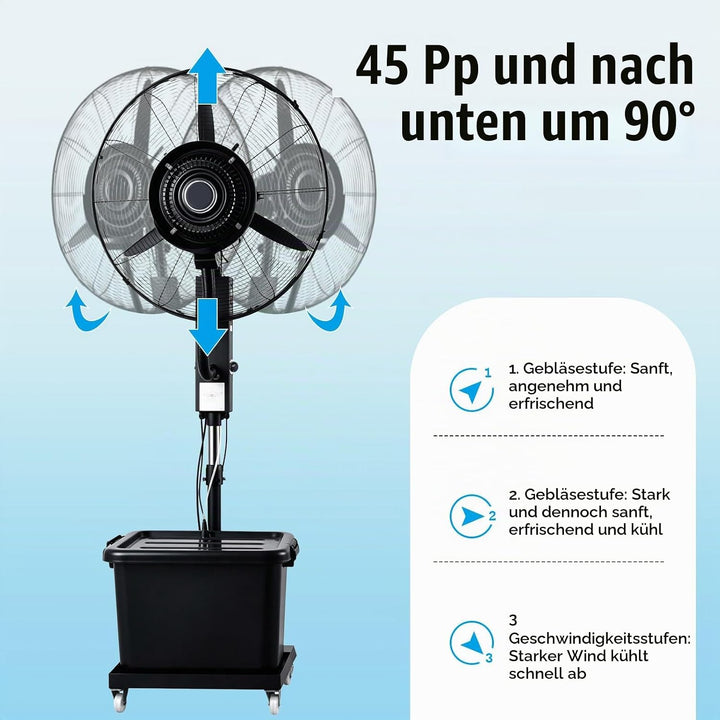 Ventilator für innen und aussen mit Sprühsystem, Schwarz tragbarer Sprühtank, 20 m~50m, Stand- &amp; Tis