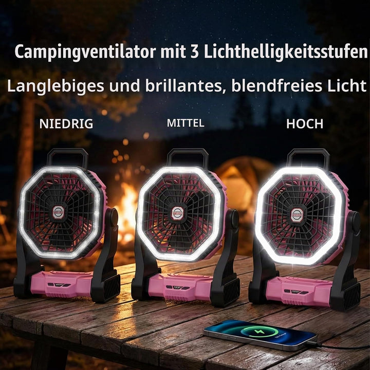 Wiederaufladbarer Camping-Ventilator mit LED-Beleuchtung, 4 Geschwindigkeitsstufen, 3 Lichtmodi, für