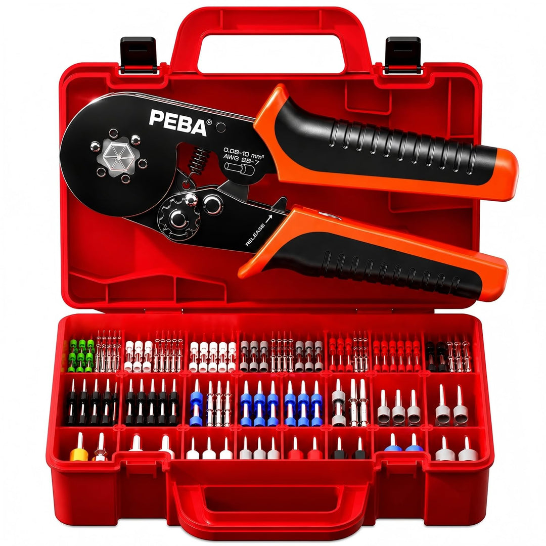 PEBA Sechskant Crimpzange Set mit 33 Grössen Aderendhülsen 0,25–10 mm² inkl. Twin Hülsen, selbstjust