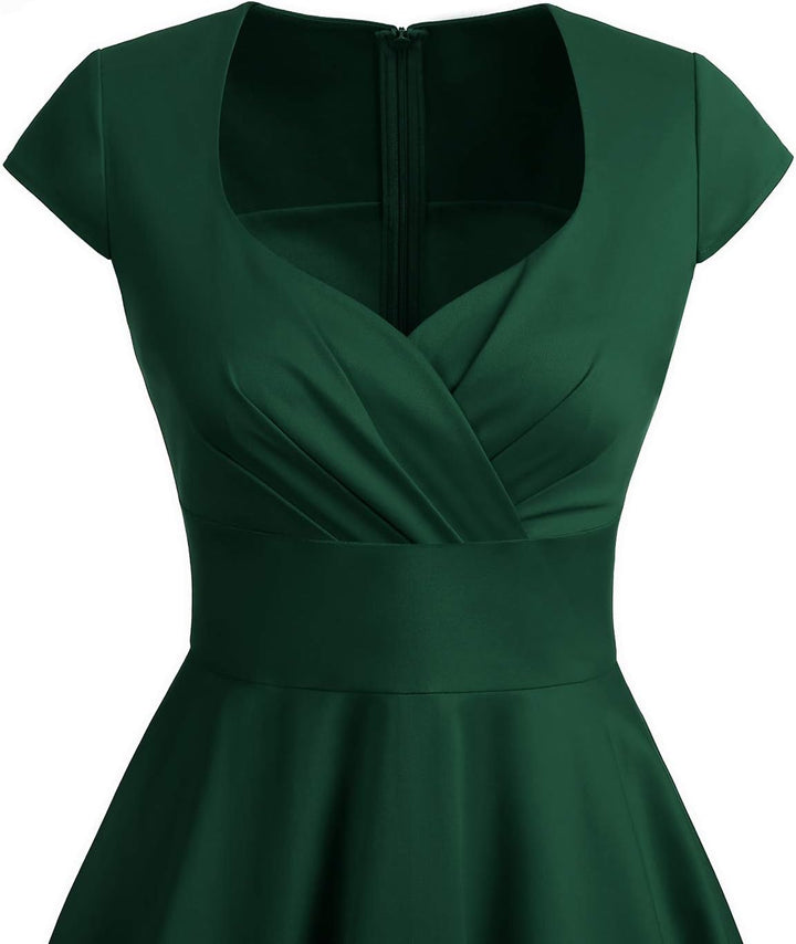 Bbonlinedress 1950er Vintage Retro Cocktailkleid Rockabilly V-Ausschnitt Faltenrock XS 01-dark Green