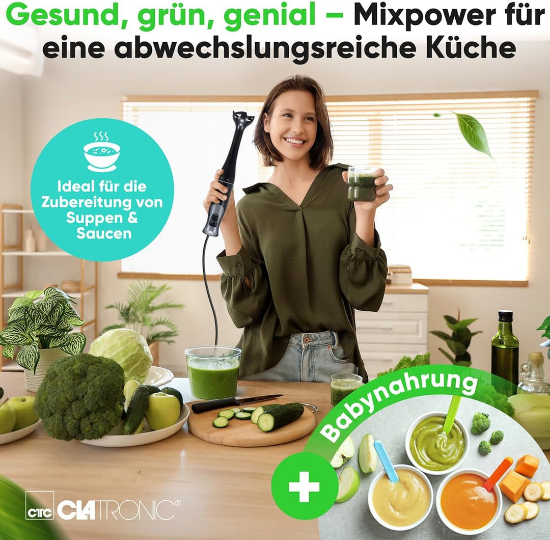 Clatronic® Stabmixer für Smoothies Shakes Suppen | Turbo-Funktion | 350W Pürierstab | Edelstahlmesse