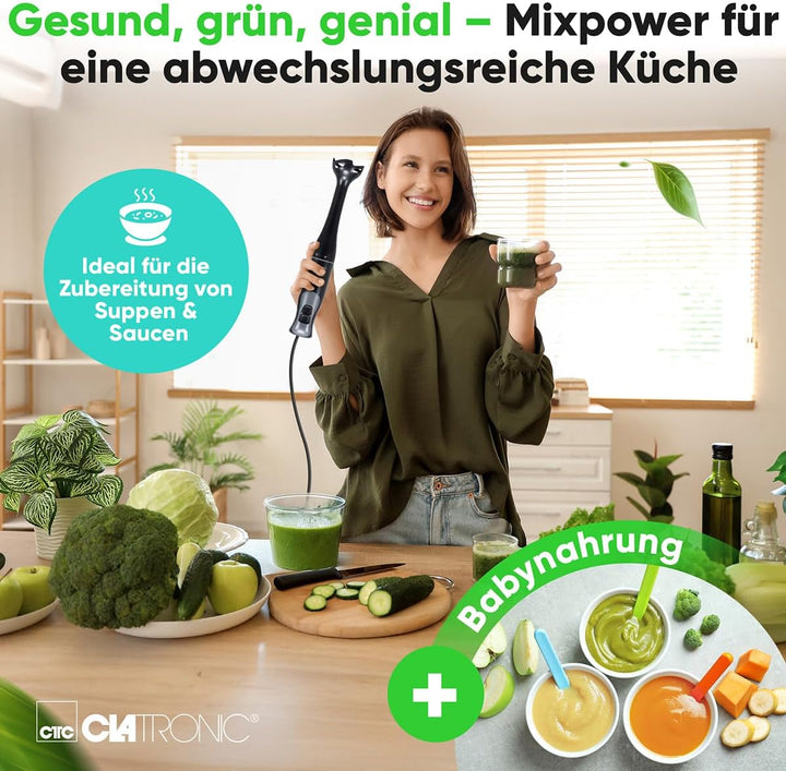 Clatronic® Stabmixer für Smoothies Shakes Suppen | Turbo-Funktion | 350W Pürierstab | Edelstahlmesse