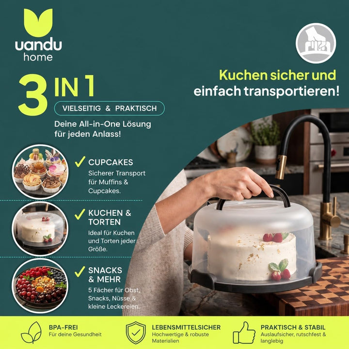 uandu Kuchen Transportbox rund, Tortentransportbox mit Haube und Griff. Box mit Deckel, Aufbewahrung