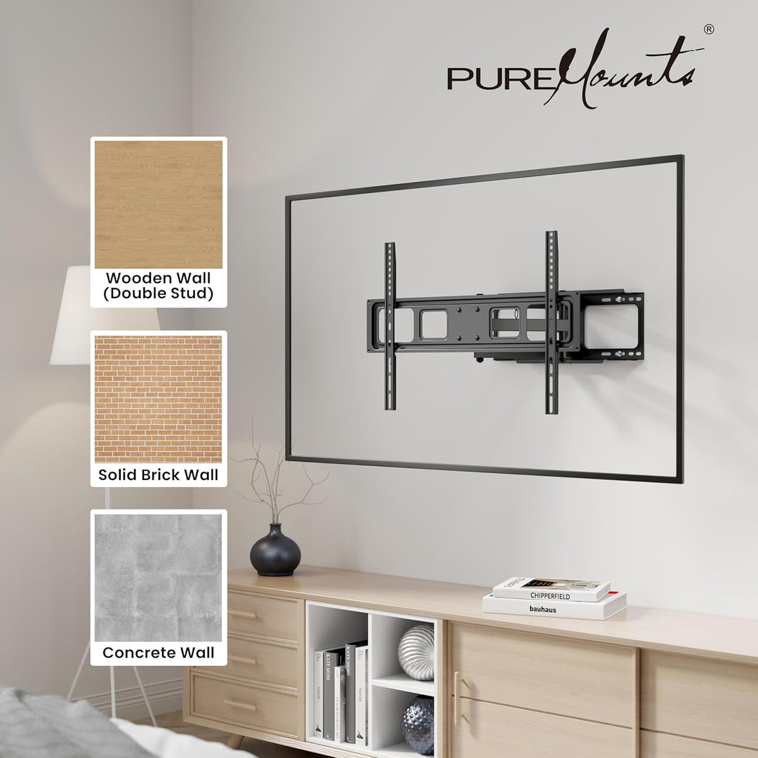 PureMounts TV Wandhalterung, neigbare und schwenkbare Universal Halterung für 32-70 Zoll Flach & Cur