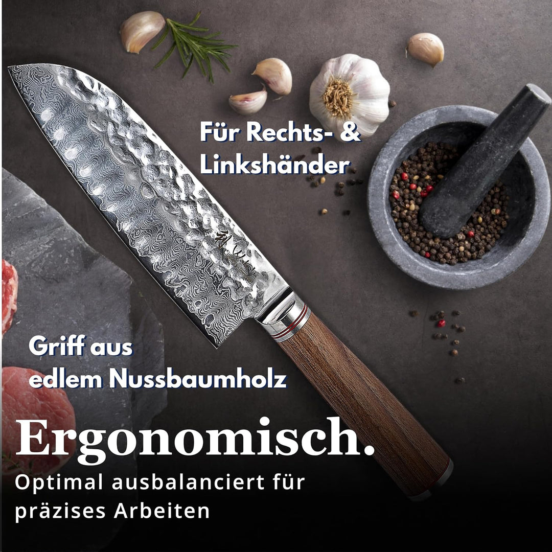 Wakoli Nussbaum Exklusives Premium Damast Santoku Messer 17,50 cm extrem scharfe Klinge I Profi Koch