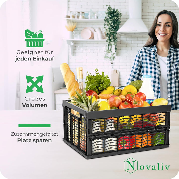 Novaliv Klappboxen faltbar stabil 8x 30L Schwarz Schwarz baskets Einkaufskiste Klappkisten Set Trage