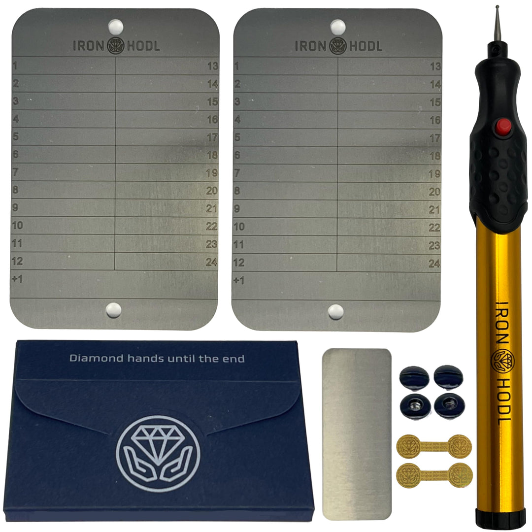 IRON HODL Steel Wallet + Gravierstift gold + Testplatte, Schrauben, Sticker, Box - (2x 24+1) Recover