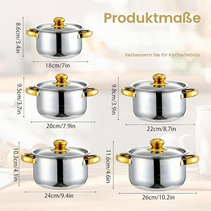 Kochtopf-Set 5-teilig, Edelstahl Topfset mit Glasdeckel und Stielkasserolle, Für Induktion und Alle