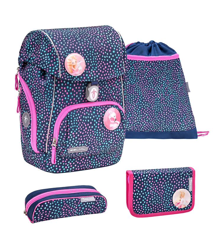 Belmil ergonomischer Schulrucksack Schulranzen Set 5-teilig für Mädchen mit PATCH Set, Brustgurt, Hü