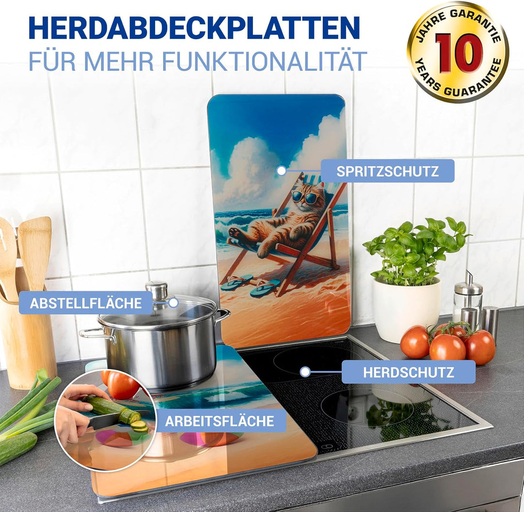 WENKO Herdabdeckplatte Universal Mod. Katze am Strand, höhenverstellbar für alle Herdarten, Schneide