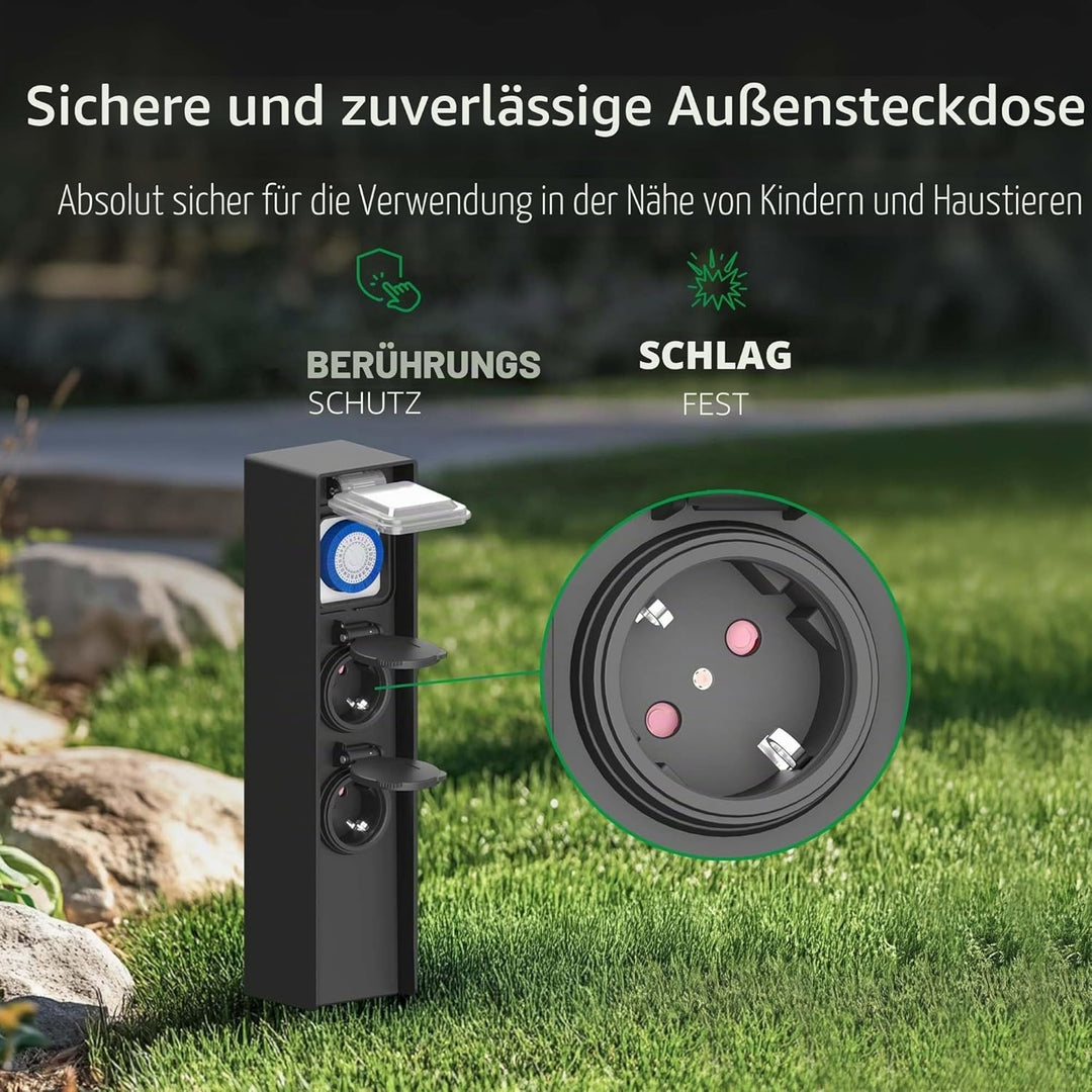 Ledvion - Aussensteckdose mit Pfahl, Inkl. Timer, 2 Steckdosen, Wasserdicht IP44, 3 Jahre Garantie