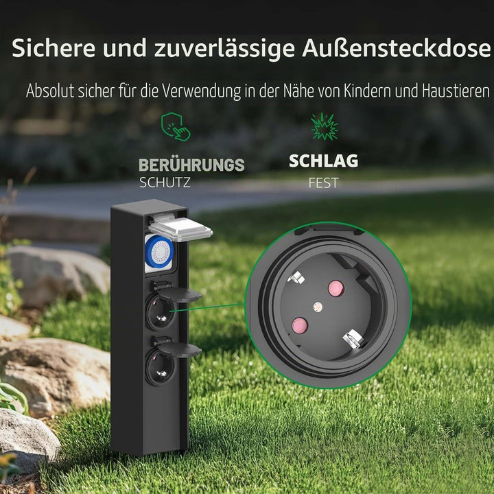 Ledvion - Aussensteckdose mit Pfahl, Inkl. Timer, 2 Steckdosen, Wasserdicht IP44, 3 Jahre Garantie