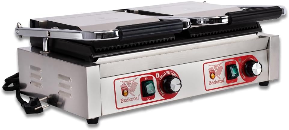 Beeketal 'BKG8' Gastro Doppelt Kontaktgrill mit Gusseisen Grillpatten (oben gerillt unten glatt) mit