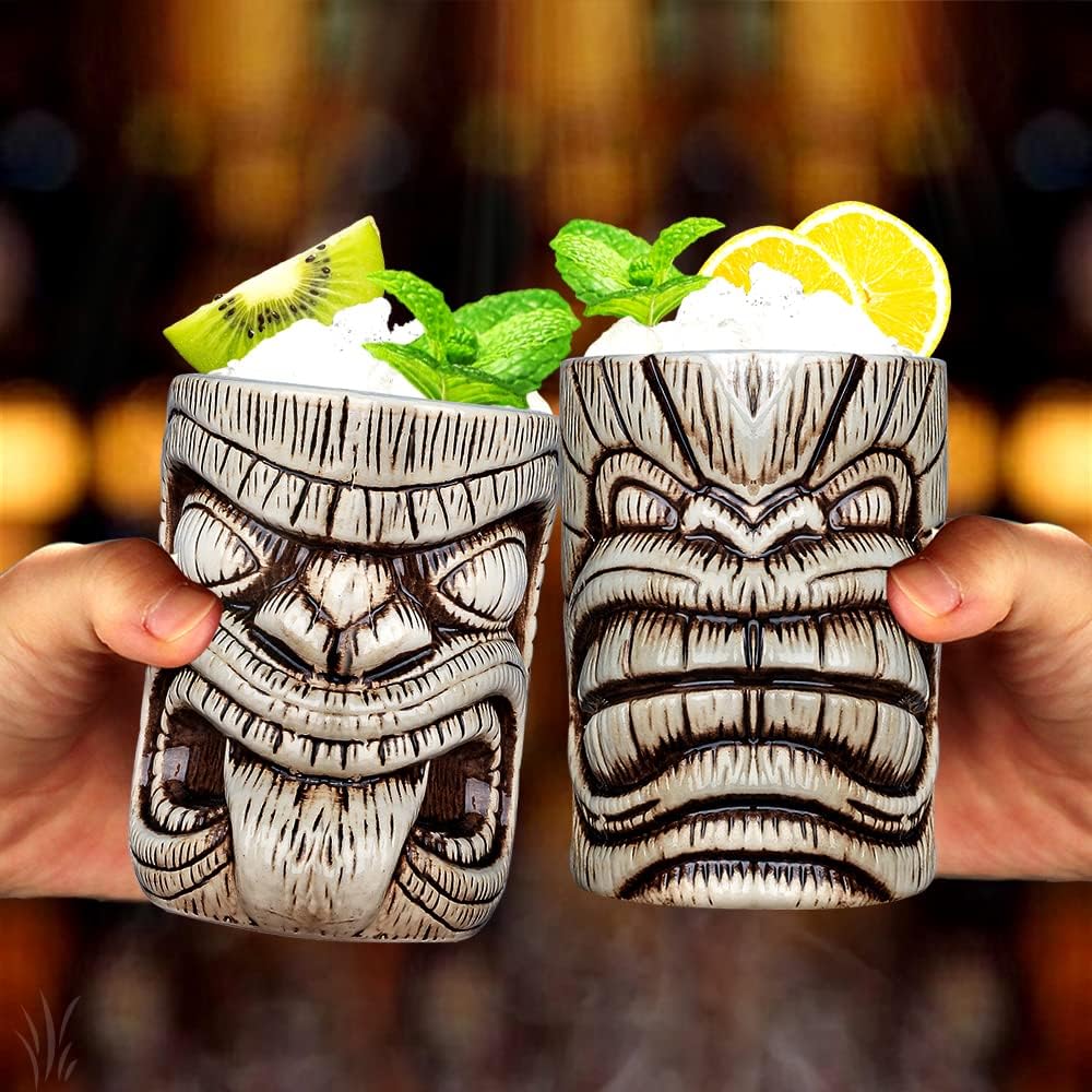 Tiki Becher Set Tiki Cocktail Gläser, Set Mit 3 Keramik-Tassen für Exotische Party,Tiki Bar, Keramik
