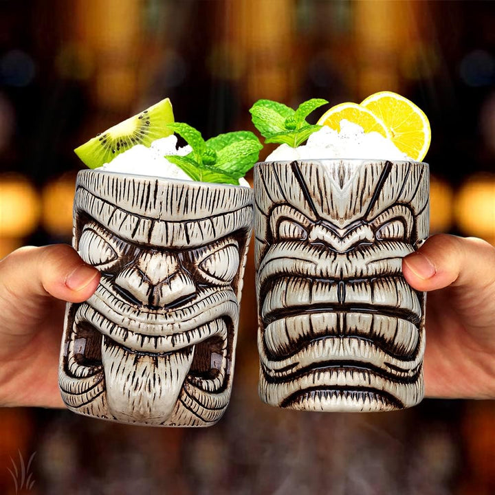 Tiki Becher Set Tiki Cocktail Gläser, Set Mit 3 Keramik-Tassen für Exotische Party,Tiki Bar, Keramik