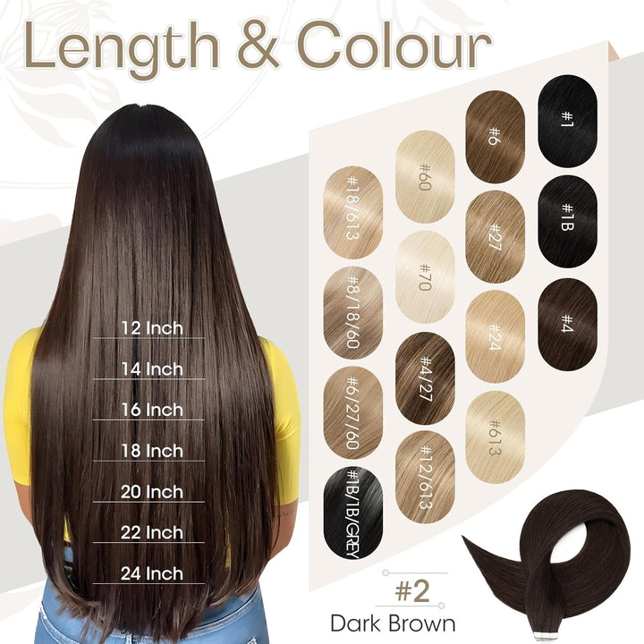 Elailite Echthaar Extensions Tape in #2 Dunkelbraun 20 stück Invisible Kleber Haarverlängerung Klebe
