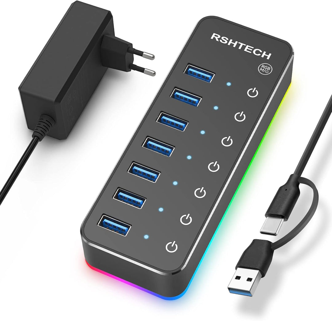 USB Hub Aktiv 3.0 mit Netzteil, RSHTECH 7-Port RGB USB 3.0 Hub Aluminium, 14 RGB Beleuchtungsmodi, 2