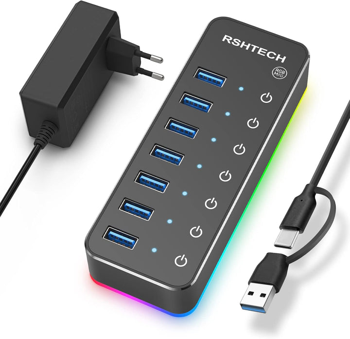 USB Hub Aktiv 3.0 mit Netzteil, RSHTECH 7-Port RGB USB 3.0 Hub Aluminium, 14 RGB Beleuchtungsmodi, 2