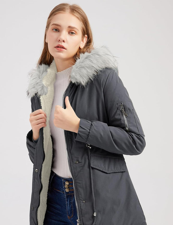 Tuopuda Winterjacke Damen Lang Wintermantel Warm Winter Jacke mit Kapuze Reissverschluss Parka Fleec
