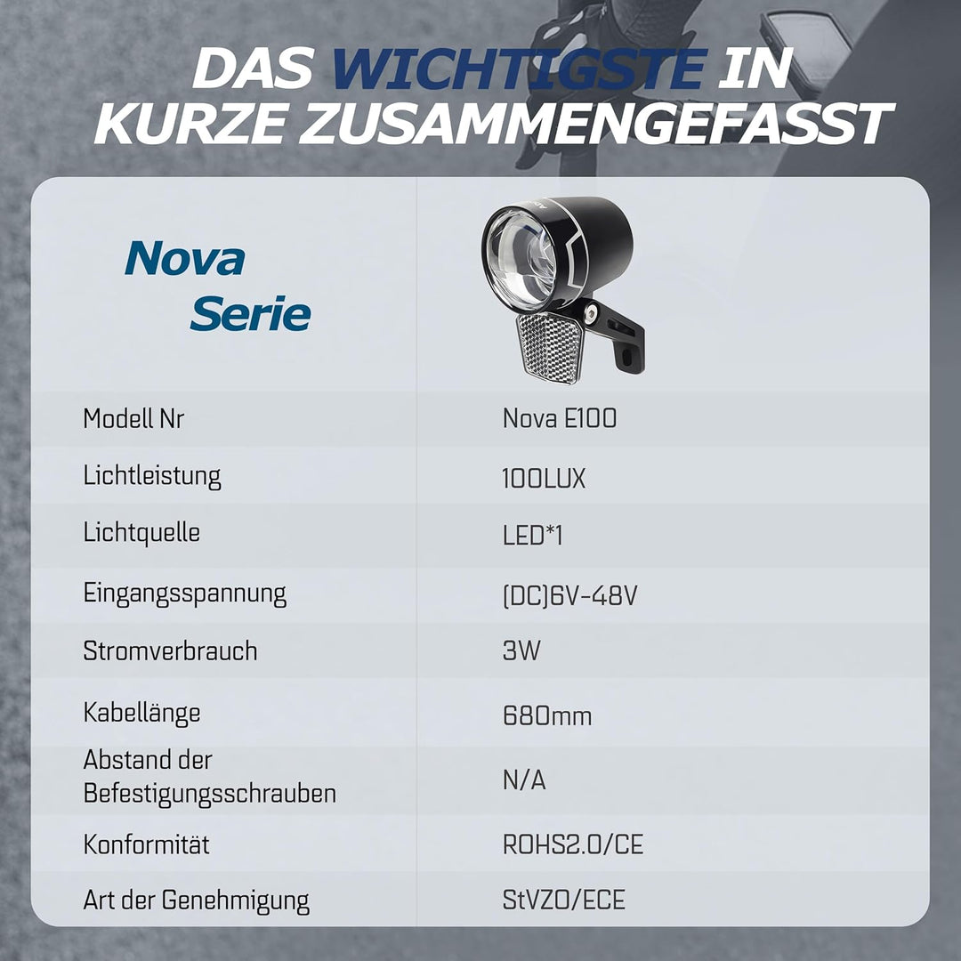 E-Bike Frontlicht 100 Lux Nova E100 – StVZO zugelassen, IP65 wassergeschützt, LED mit Doppel-Linsent