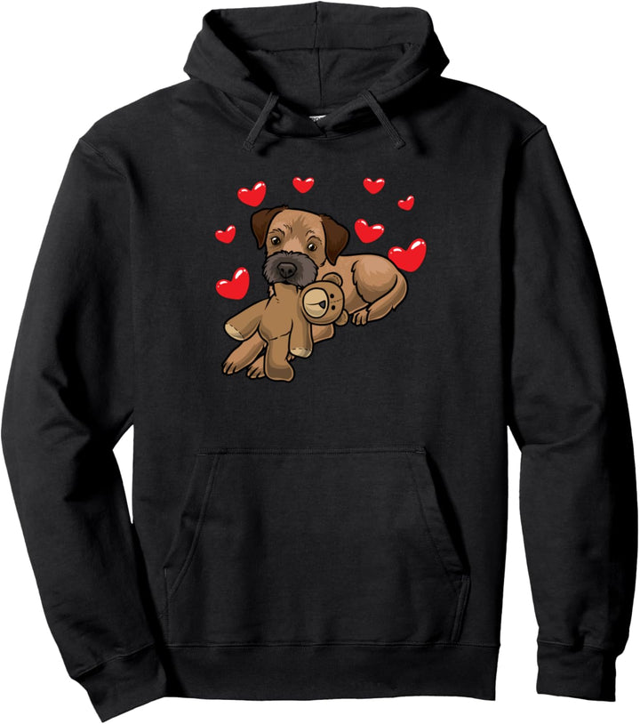 Border Terrier Hund mit Kuscheltier und vielen Herzen Pullover Hoodie