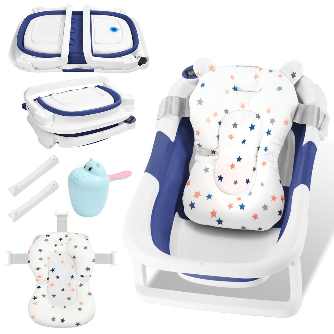 Babywanne faltbar Babybadewanne Baby Wanne, platzsparende doppelt faltbare Badewanne mit Badekissen,
