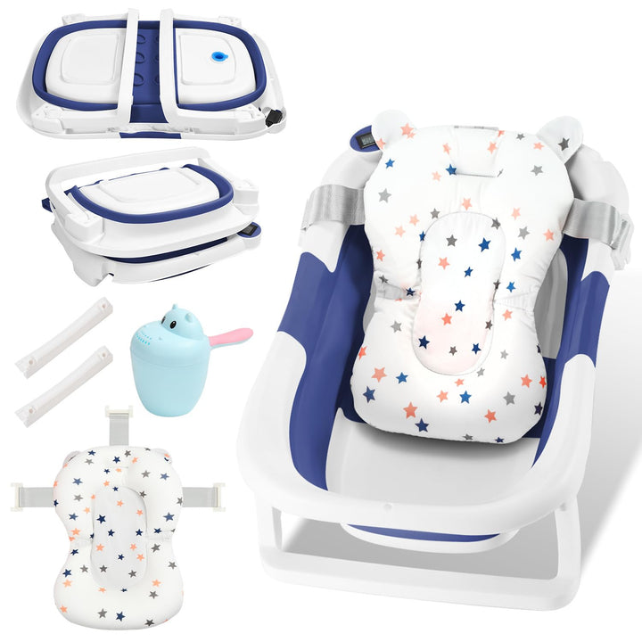 Babywanne faltbar Babybadewanne Baby Wanne, platzsparende doppelt faltbare Badewanne mit Badekissen,