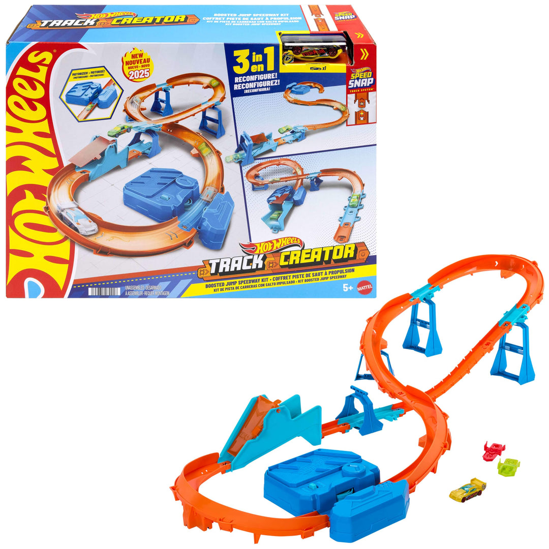 Hot Wheels Spielzeugauto Streckenset, Deluxe-Bauset mit motorisiertem Beschleuniger, Fahrzeug im Mas