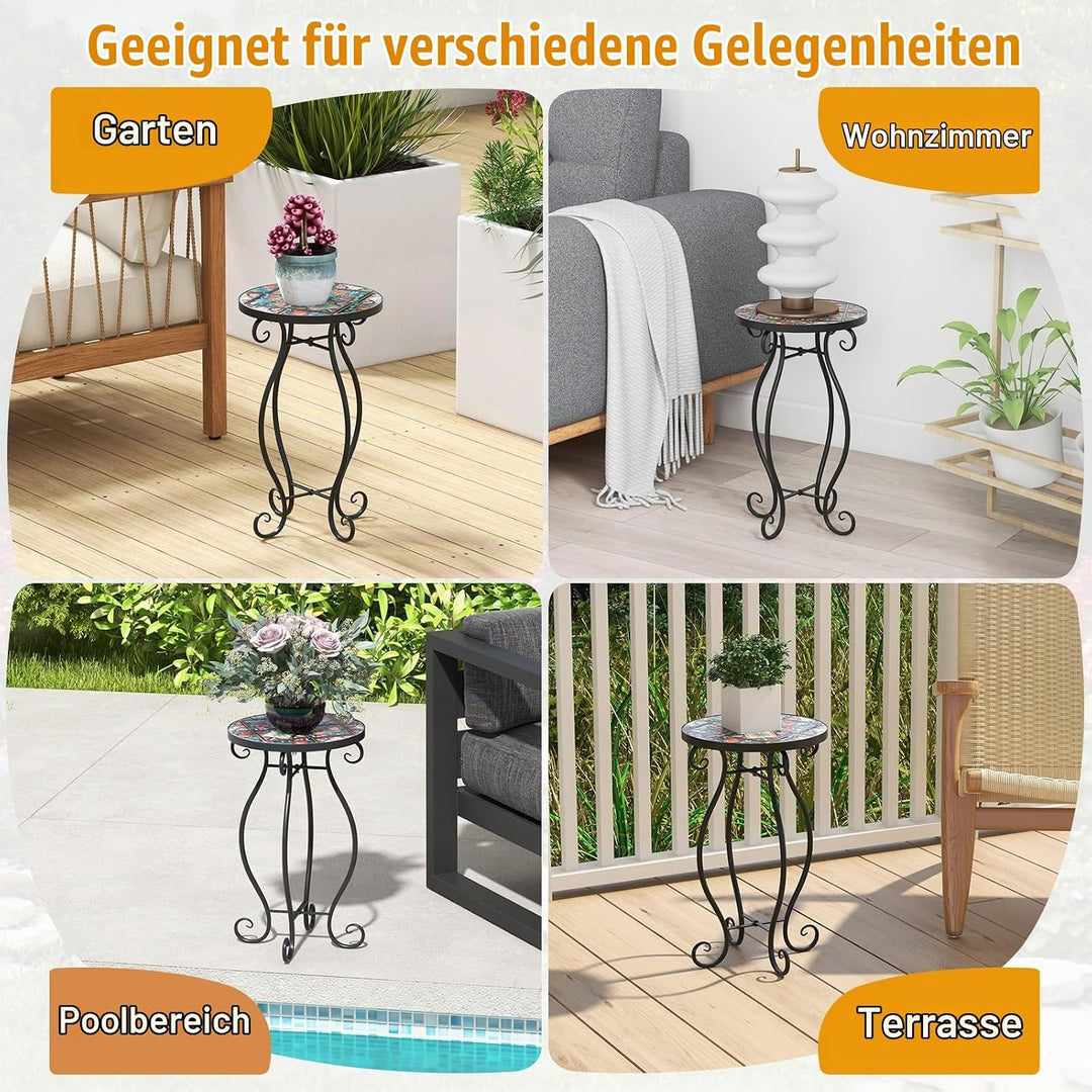 HOMASIS 30x30x50cm Gartentisch Beistelltisch mit Mosaik-Muster, Pflanzenständer mit runder Tischplat