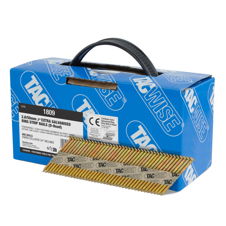 Tacwise 1809 Extra Verzinkte Rahmennägel 2,8/50 mm, 34°, 800 Stück | D-Kopf, Ringschaft, mit 34° Nei