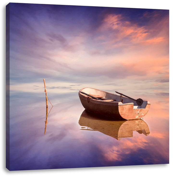 Einsames Boot auf See, Format: 70x70 auf Leinwand, XXL riesige Bilder fertig gerahmt mit Keilrahmen,