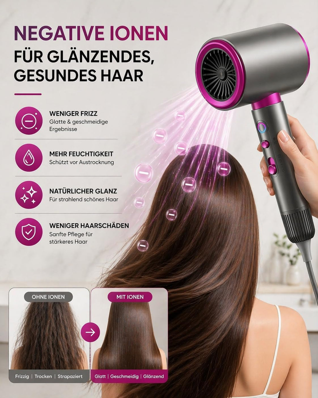 2200W Ionen-Haartrockner mit Diffusor Konzentrator Reiseföhn | 3 Temperaturen, 2 Geschwindigkeiten,