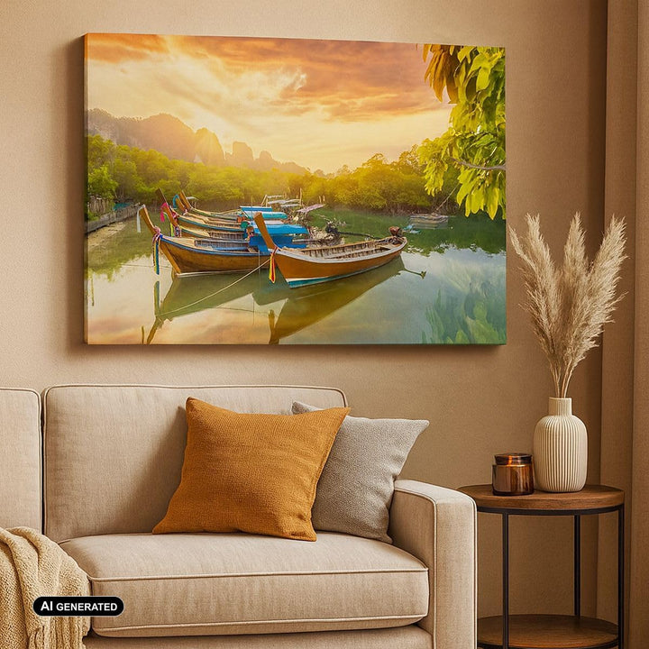 Bilder auf Leinwand 100x70cm Leinwandbild mit Rahmen Berge Boot Wasser Gross Wanddeko Bild Schlafzim