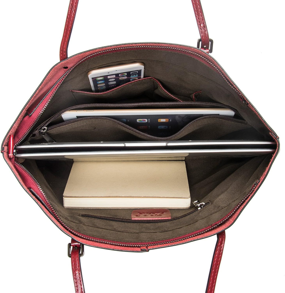S-ZONE Damen Handtasche Echtleder Schultertasche Umhängetasche Grosse Shopper Tote Beutel Weinrot, W