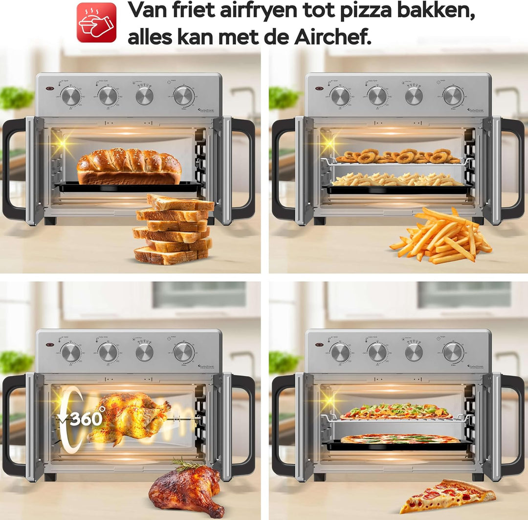 TurboTronic digitaler Heissluftofen - XXL 32 Liter mit Drehspiess für Hähnchen 4in1 Mini Backofen &