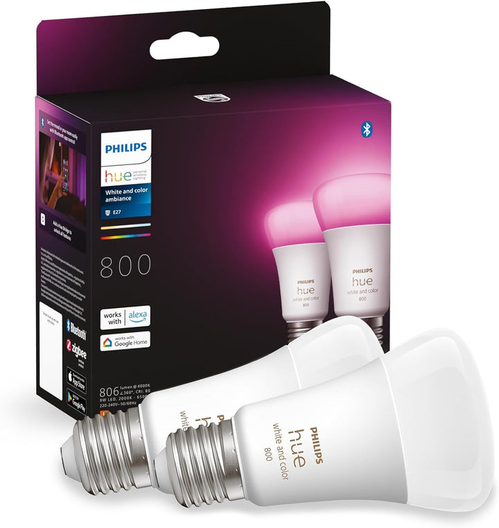 Philips Hue White and Col. Amb. E27 2-er Pack 800lm inkl. Hue Bridge,Weiss,2 pieces, 2 pieces