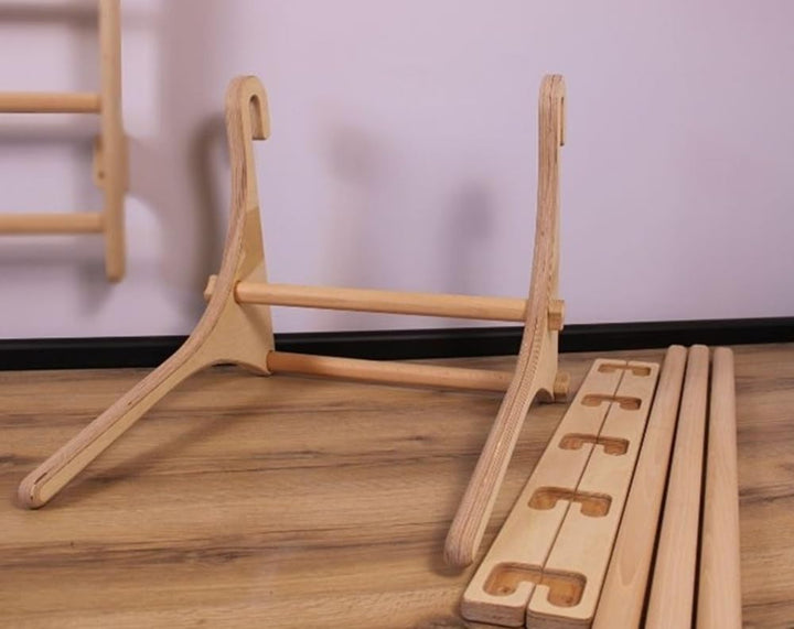 Komplettes Set aus robusten Trainingsgeräten aus Holz: stabile Dip-Stange und Klimmzugstange – 5-stu