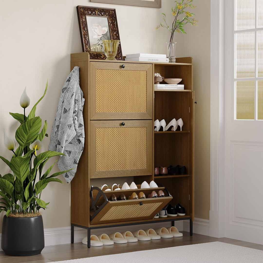 Garvee Schuhschrank Mit 3 Klappfächern &amp; 4 Offenen Regalen – Rattan-Design, Verstellbare Ablagen, Me