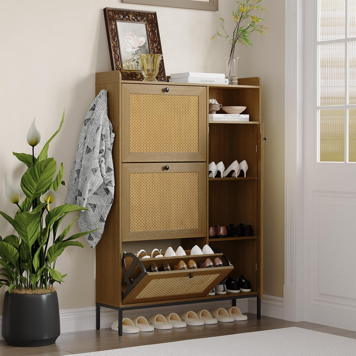 Garvee Schuhschrank Mit 3 Klappfächern &amp; 4 Offenen Regalen – Rattan-Design, Verstellbare Ablagen, Me