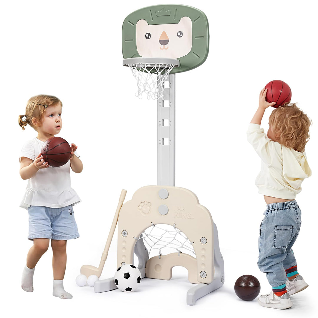 HOMASIS 3 in 1 Kinder Basketballkorb Set, multifunktionaler Basketballständer mit Fussballtor &amp; Golf