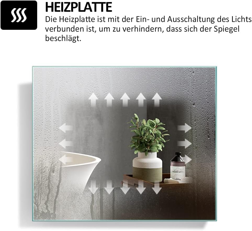 EMKE Badspiegel mit Beleuchtung 80x60cm Badezimmerspiegel mit 3X Kosmetikspiegel+Antibeschlag+Uhr+Ka