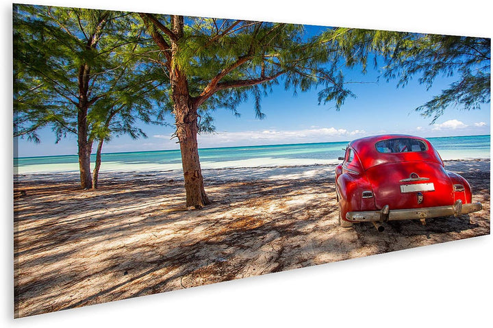 islandburner Bild auf Leinwand Oldtimer Rot Strand Kuba Bilder Wandbilder Poster Leinwand 120x40cm -