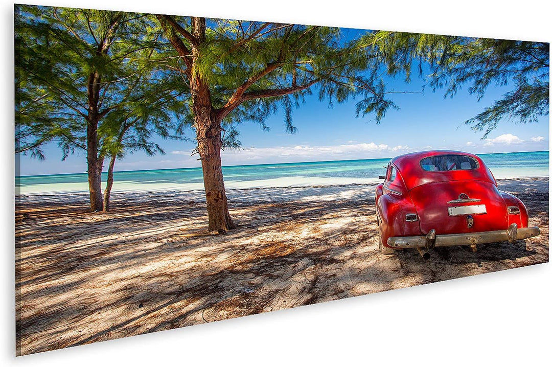 islandburner Bild auf Leinwand Oldtimer Rot Strand Kuba Bilder Wandbilder Poster Leinwand 120x40cm -
